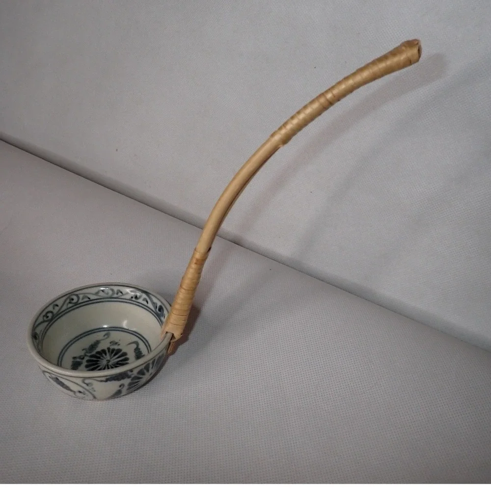 Vintage Blue and White Ceramic Water Ladle with Bamboo Handle